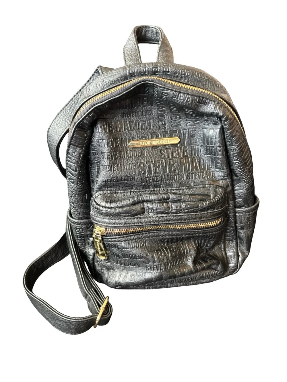 Steve Madden Black Embossed Mini Backpack with Gold Hardware